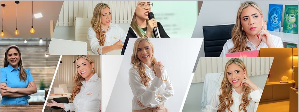 Dra. Luana Lima em diferentes momentos: atendendo no consultório, palestrando e sorrindo
