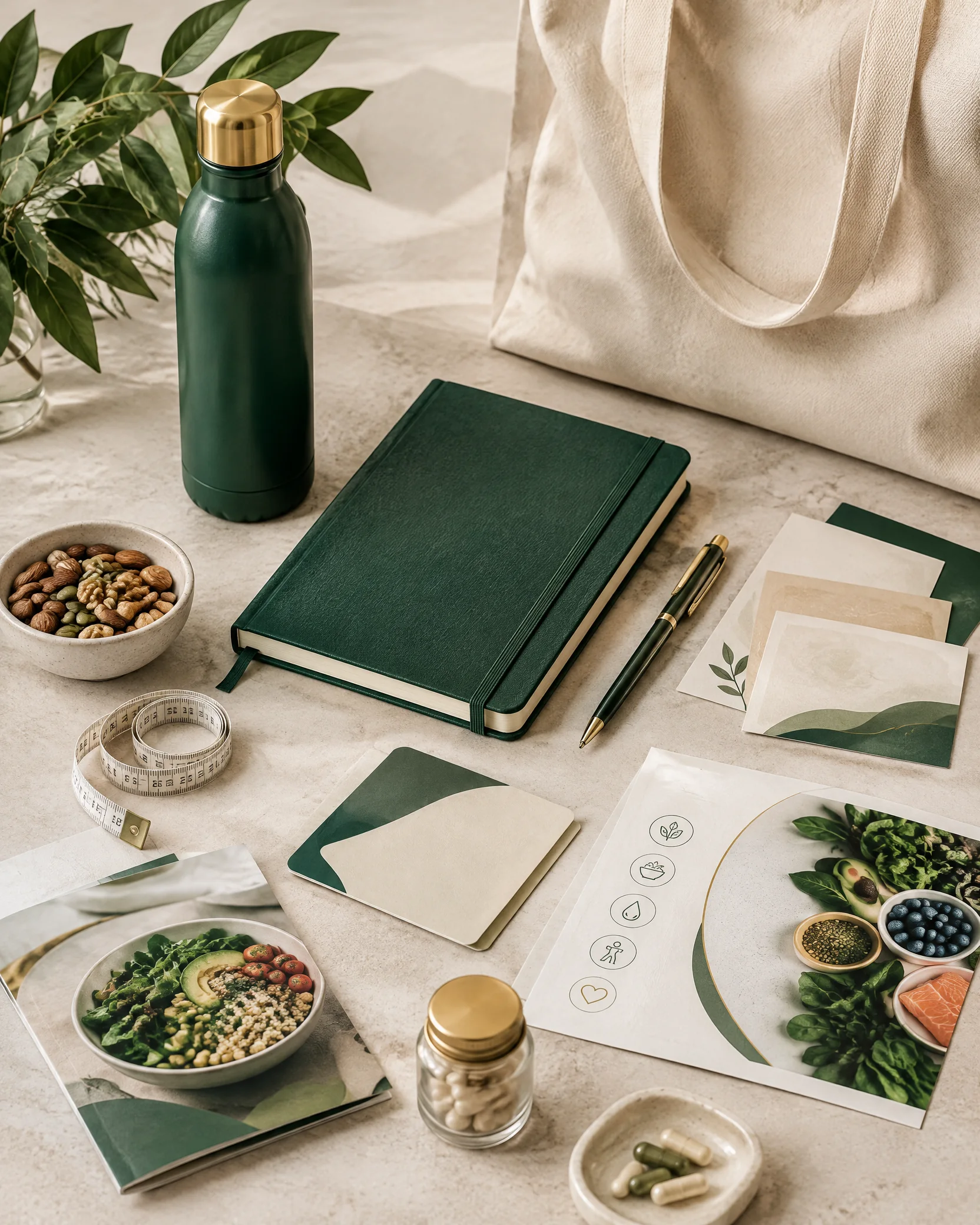 Exemplo ilustrativo do Kit de Boas-Vindas: caderno, garrafa, caneta, bolsa de algodão e materiais de apoio